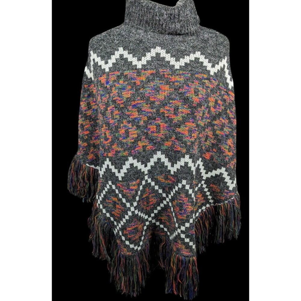 Modena Grey And Rainbow Geometric Cowl Neck Fringe Poncho
